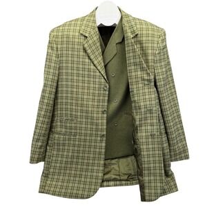Vitaliano Super 150s Cloth Plaid Blazer Vest Suit Set Mens 44R Green Brown
